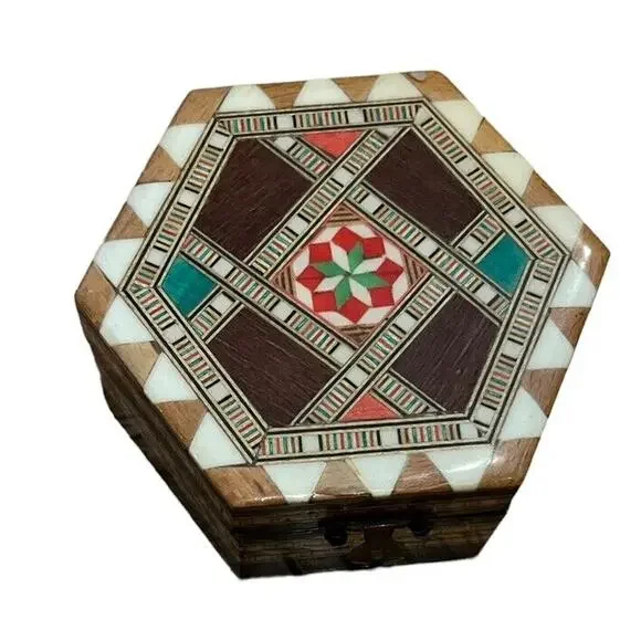 VTG Octagonal Lidded Trinket Jewelry Keepsake Box Red Inside Marquetry Inlaid - Picture 8 of 8